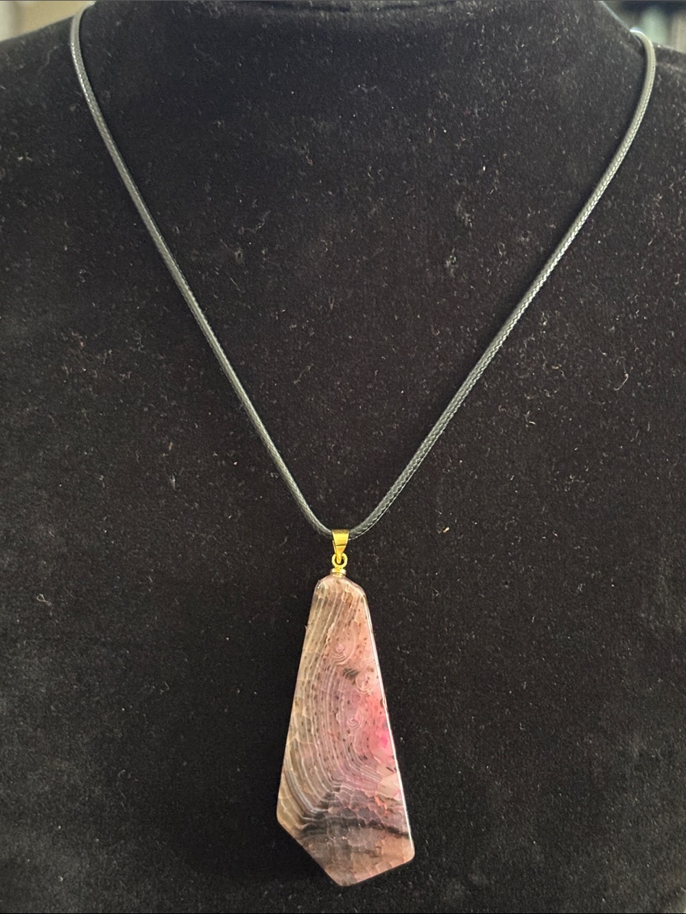Pink Agate Pendant Necklace with Black Cord